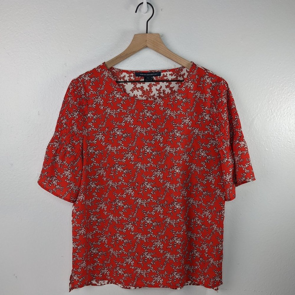 French Connection Short Sleeve Top Pleated Sleeves Floral Size Large Red/White